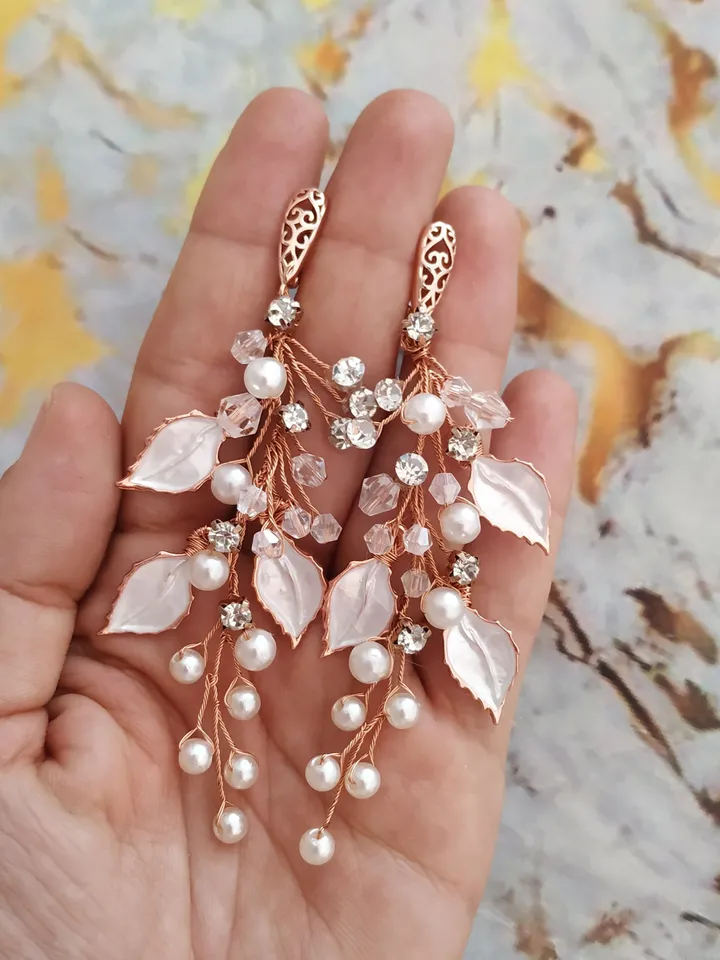 Rose Gold Pearl Boho Wedding Earrings, Leaf Bridal Earrings, Chandelier Statement Earrings, Boho Bridal Earrings, Gold Floral Bride Jewelry