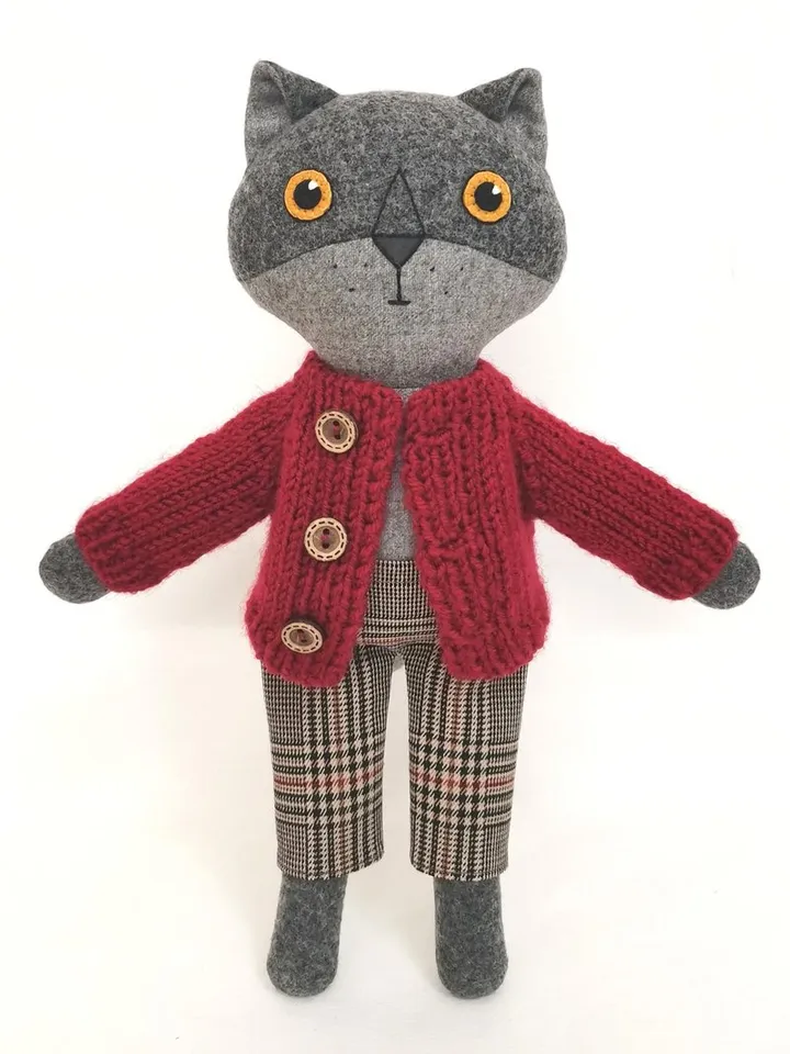 Gray cat boy, kitten wool plush toy, handmade textile stuffed cat