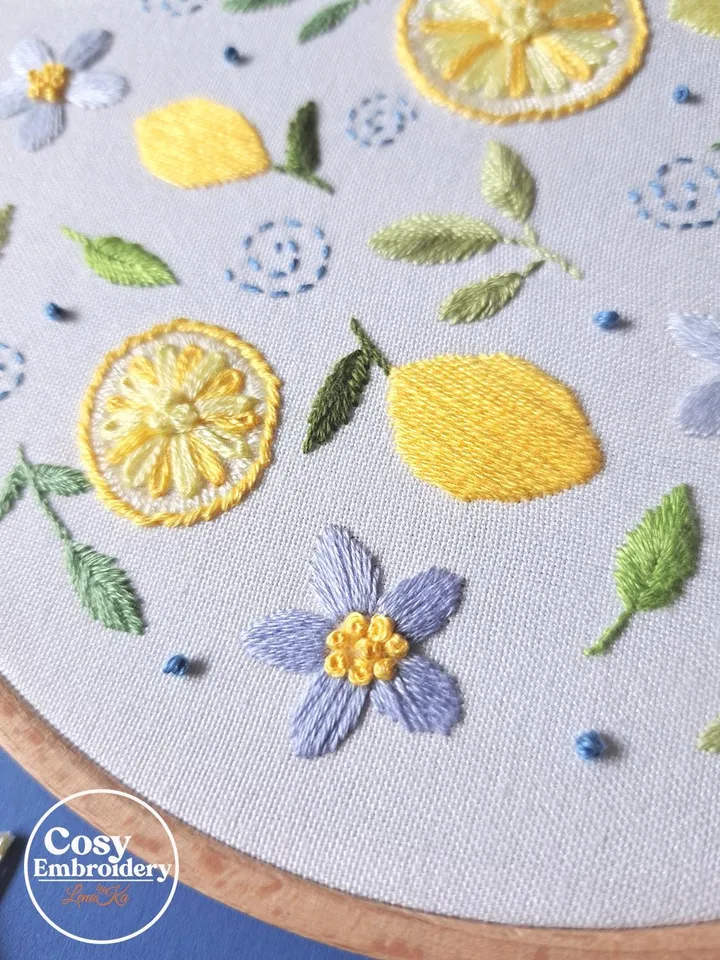 Floral Lemons Hand Embroidery Pattern Step-by-Step Tutorial for Beginners DIY Hoop Art Instant Download PDF Printable Pattern Unique Design