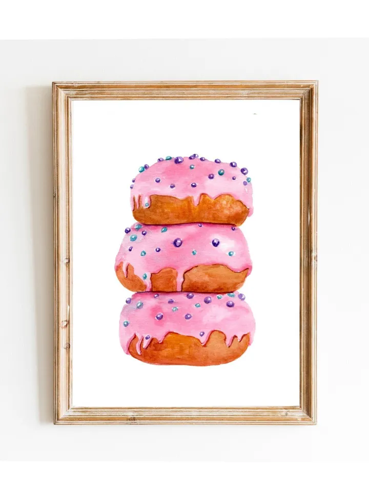 Pink Donuts Sweet Watercolor Painting Print, Food Illustration, Breakfast Art, Candy Sweet, Dessert Painting,Donut Gift Print, Kitchen Print