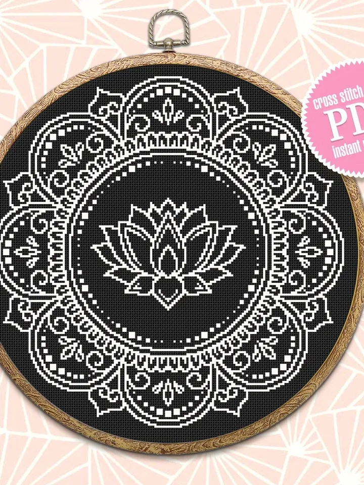 Lotus mandala cross stitch pattern download PDF Flower lotus cross stitch chart, Floral mandala pattern digital PDF Mandala embroidery #M151