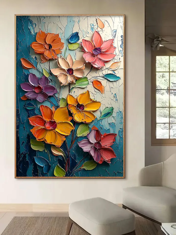 Large Impasto Floral Painting, Textured 3D Flower Artwork, Colorful Original Art, Wall Art Decor, Modern Abstract Flowers,Home Office Decor