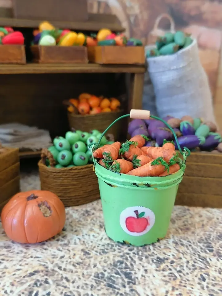 Bucket with carrots. Puppet miniature. 1:12. Doll garden.