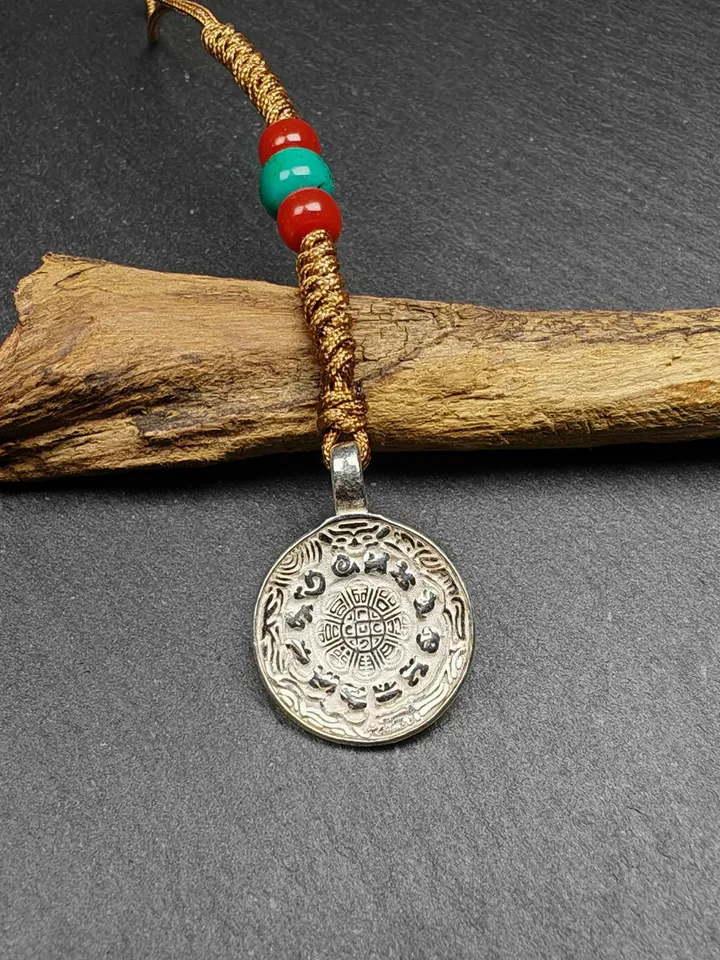 Gandhanra Handmade Tibetan Buddhist Calendar Badge,Melong Mirror, SIPAHO Amulet for Phone or Bage Pendant,Made of Sterling Silver