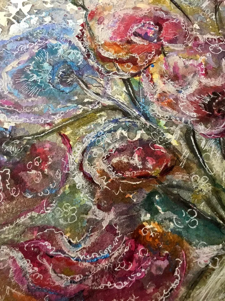 Fantasy abstract flowers,original mix media artwork,watercolor and acrylic painting on watercolor paper,modern floral decoration wall art.