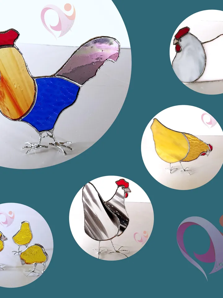 Stained Glass Chicken Suncatcher Set 1 Rooster 3 Hens 3 Chicks for Window Decor Farmhouse Gift for Chicken Lovers