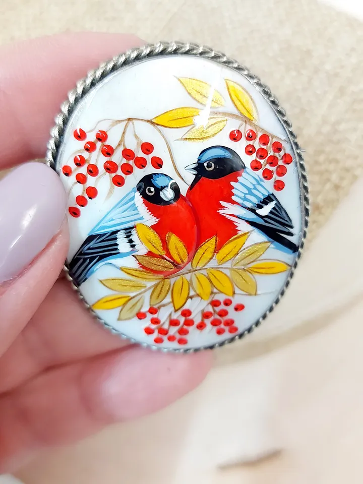 Russian jewelry brooch: Bullfinches couple. Hand painted miniature. Russian fine art style Fedoskino on abalone shell. Gift art pin for her