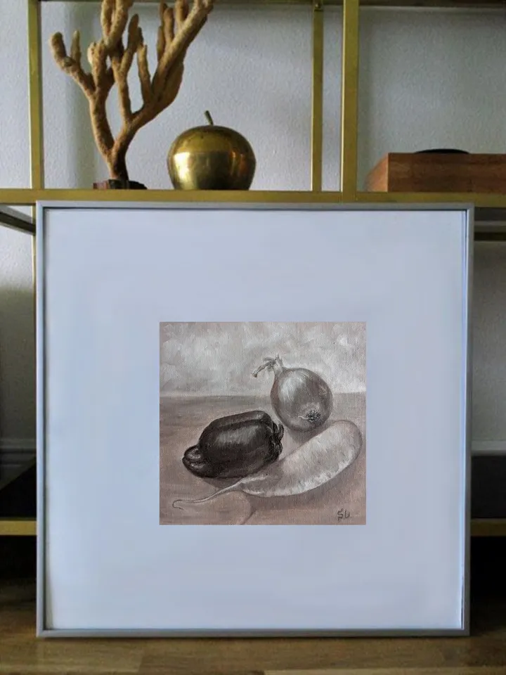 Still Life with Vegetables, Oil Painting with Peppers, Onions and Radishes, Canvas 8x8 inches