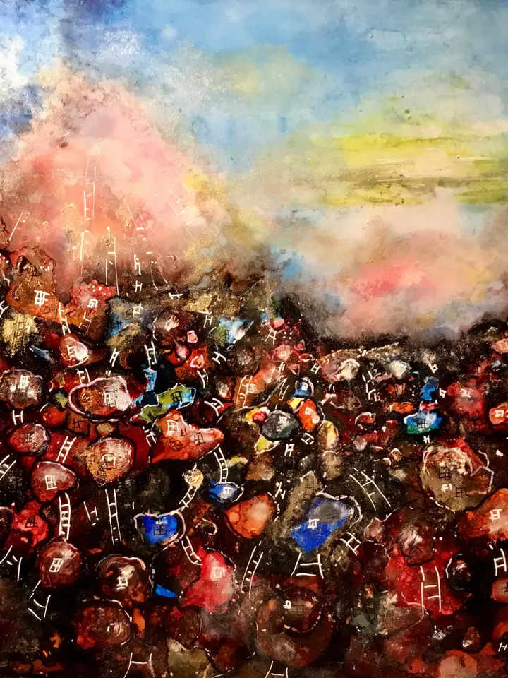 Red town fantasy unique artwork,original alcohol inks mix media painting on heavy yupo paper,fantasy wall art,home decoration.