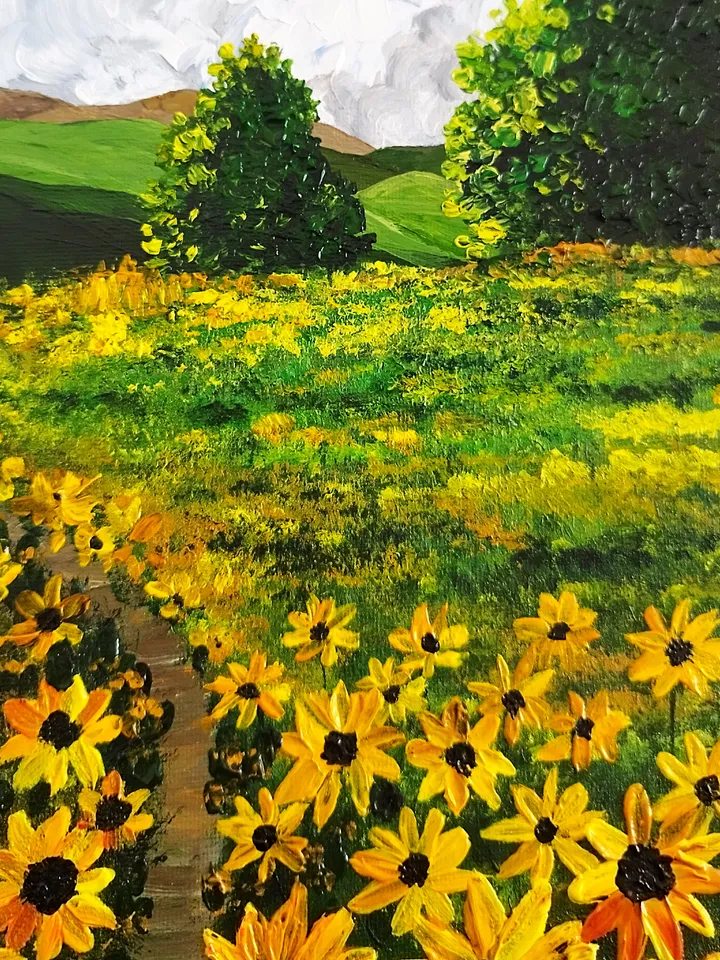 Sunflowers Landscape Textured Acrylic Painting Artwork Impasto