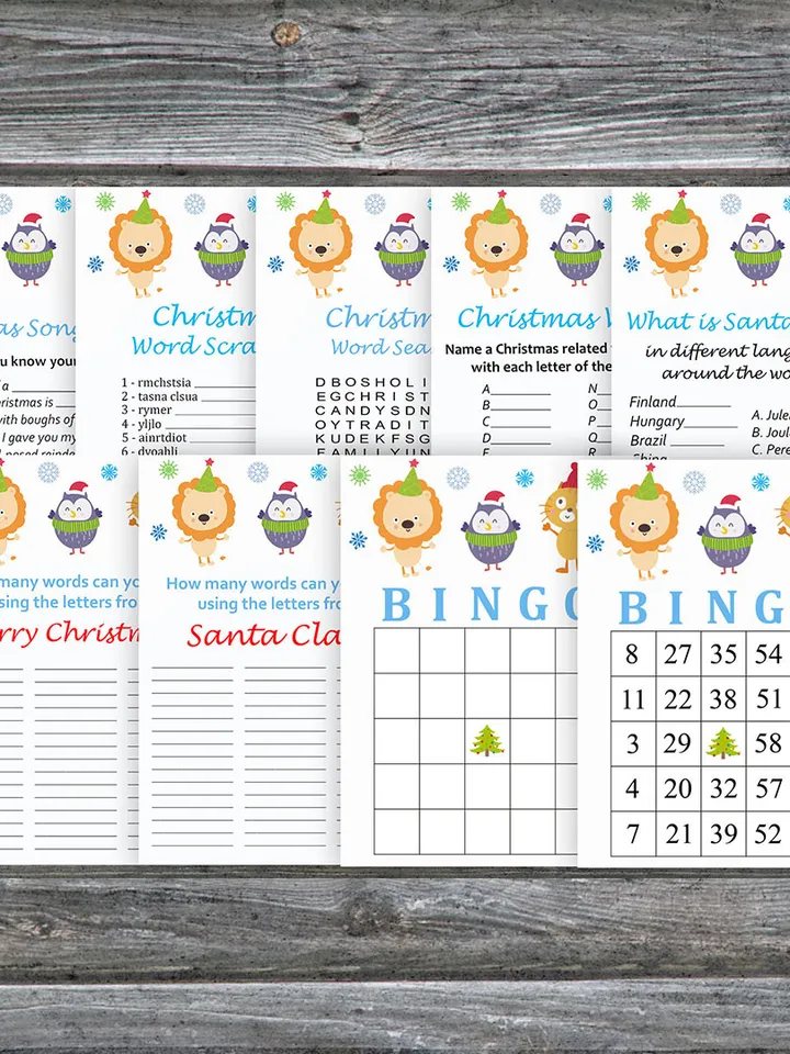 Christmas party games bundle,Printable Christmas Party Game Pack,Happy winter animals Christmas Trivia Game Cards