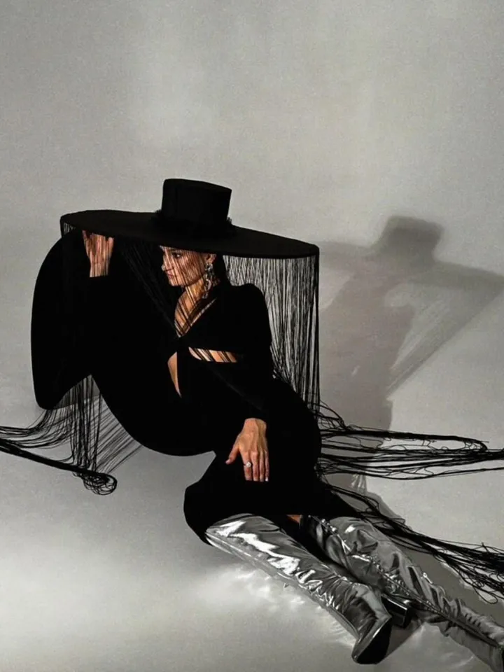 fringed hat, hat with threads, hat for photo shoot, black hat with long threads