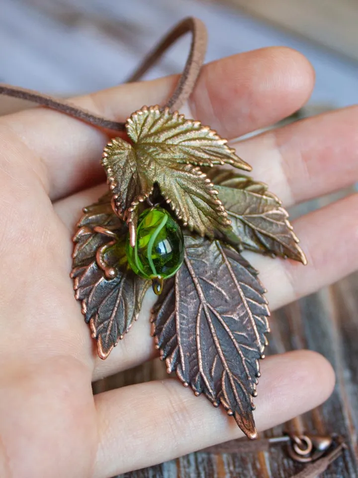 Unique handmade copper pendant made of nature leaves in a single copy, original gift
