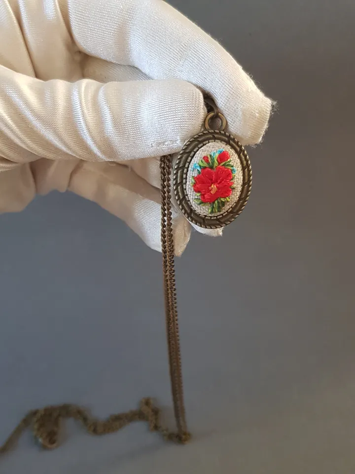Ribbon embroidered pendant for her, red flower jewelry embroidery
