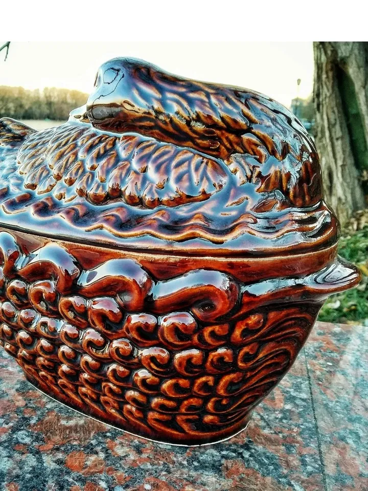 Ceramic pottery casserole Casserole with lid and handles carved pattern Handmade