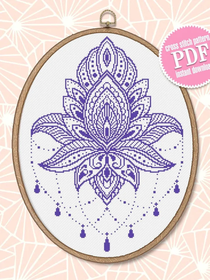 Lotus mandala cross stitch pattern PDF download Floral cross stitch chart, Lotus pattern digital PDF, Flower mandala embroidery #M147