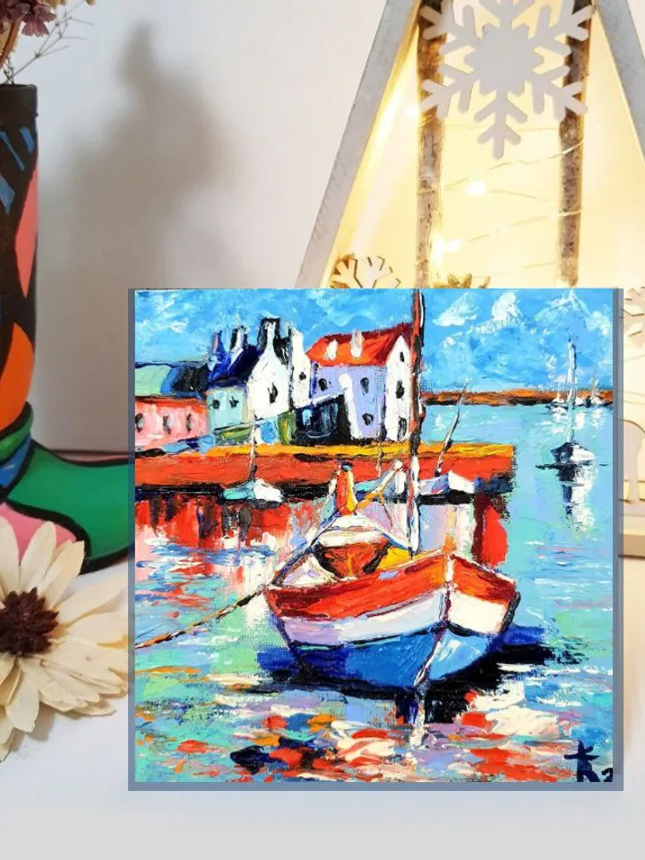 Oil painting seascape Norwegian houses and boats