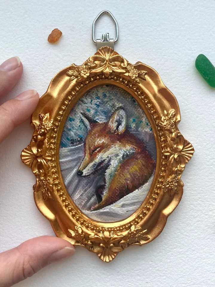 Fox Oil Painting Original In Vintage Style Frame Small Framed Animals Wildlife Art Oval Frame