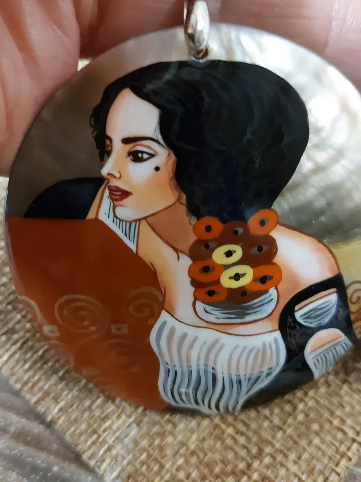 Gustav Klimt. Pendant " Judith ". Mother-of-pearl Russian hand-painted necklace. Hand paint necklace pendant.Hand painted miniature painting