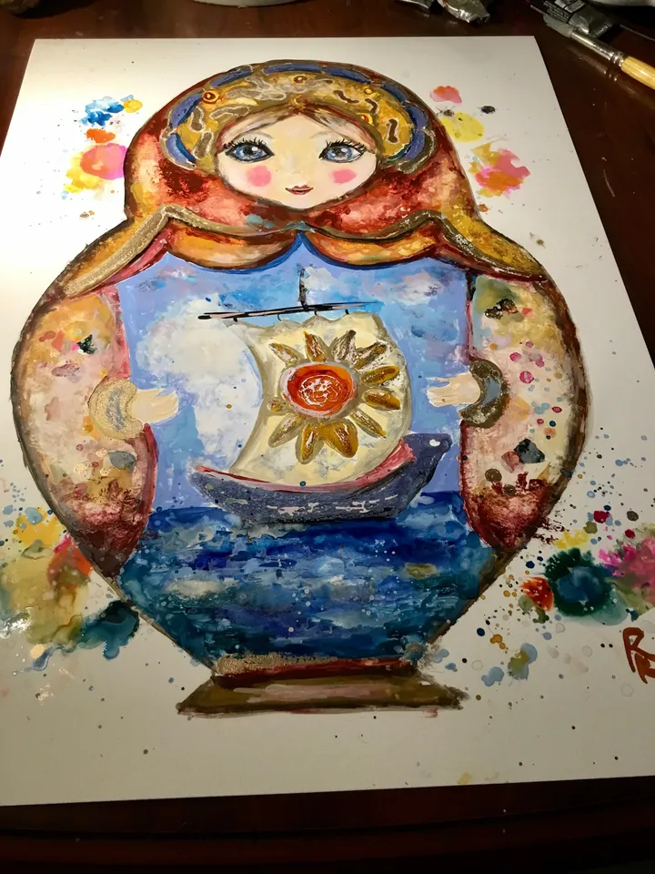 Russian fairytale matryoshka doll painting,original mix media painting on yupo paper,alcohol inks watercolour painting,modern wall art,gift.
