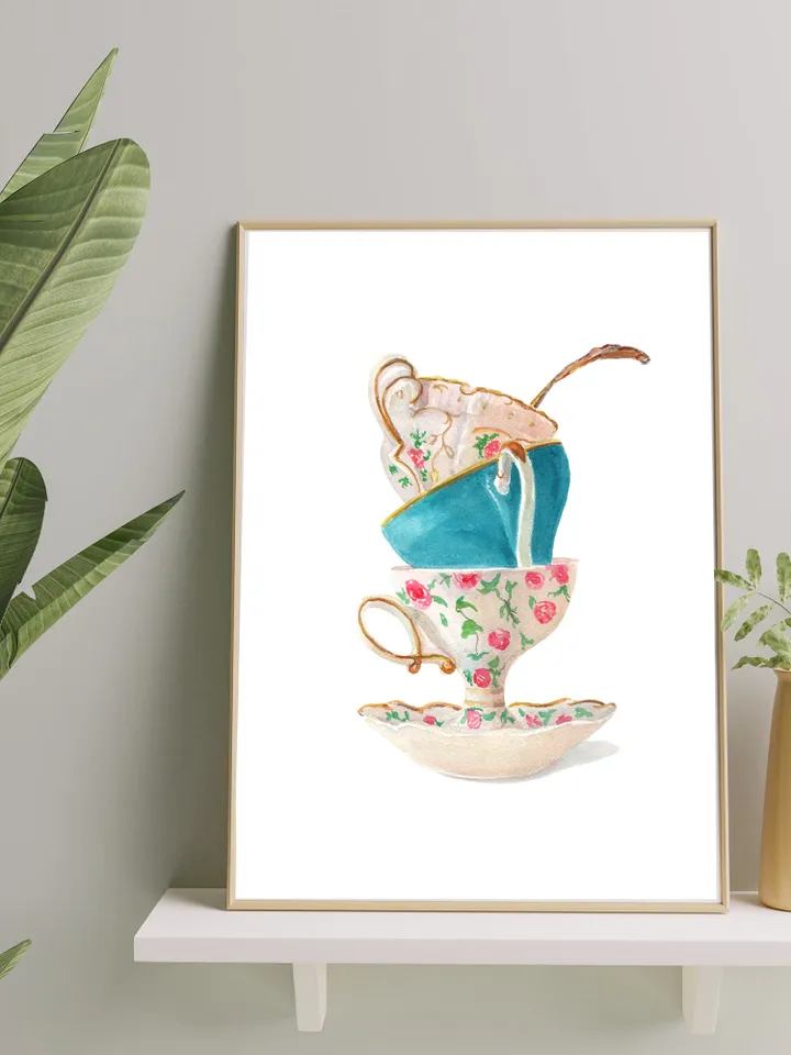 Tea Cups, Kitchen Art Wall Art, Kitchen Wall Decor Vintage Tea Cup Gift For Tea Lovers Tea Party DEecor Living Room Art Tea Wall Giclee