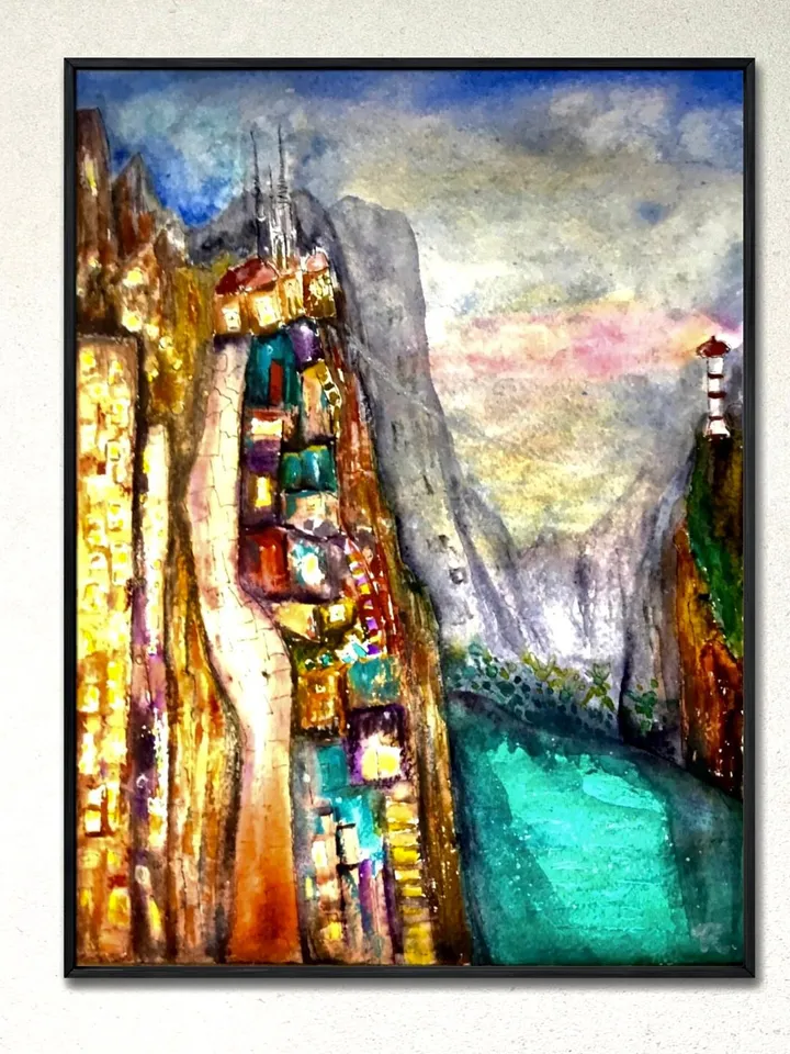 Abstract watercolour painting,original watercolour wall art,fantasy landscape,architecture and cityscape painting.