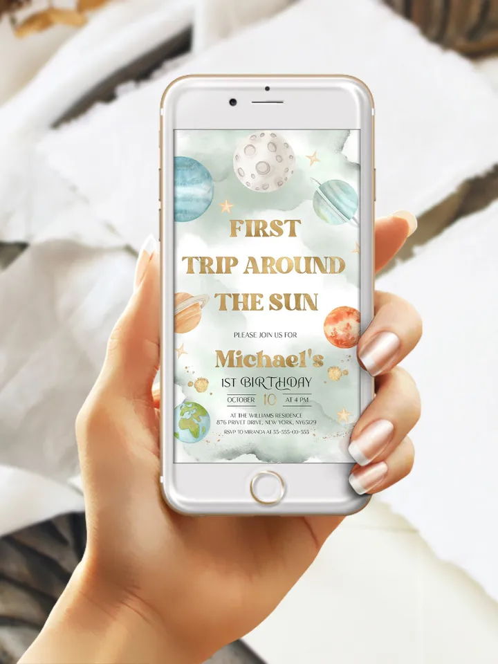 Editable First Trip Around the Sun Galaxy Blast Off Invitation Space Birthday Party Galaxy First Birthday Party Template Outer Space