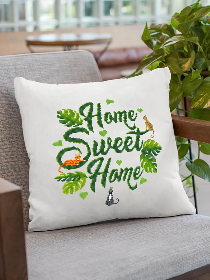 Home sweet home cross stitch pattern download PDF Cute cat cross stitch Monstera leaf xstitch chart Modern home decor Plant lover gift #Q23