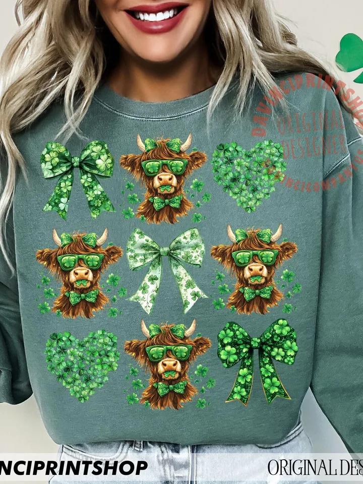 St Patrick's Day Highland Cow PNG, St. Patrick's Day Heart Clover, Coquette St. Patrick's png, Shamrock png, St Patrick's Day png, Irish png