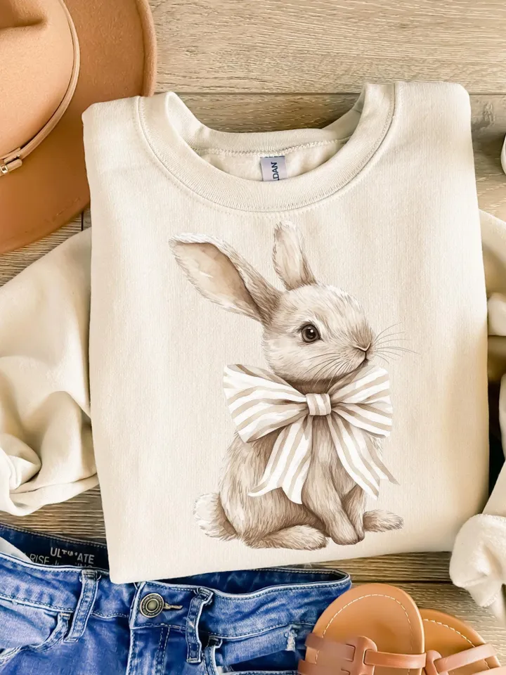 Bunny PNG, Coquette Easter, Brown Bunny Ears, Watercolor Easter Bunny, Clipart, Easter Sublimation, Happy Easter PNG, Bow Aesthetic, Preppy