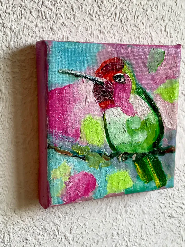 Hummingbird Painting, Bird Original oil Painting on Canvas, Wildlife Art, Miniature Artwork 4"x 4"