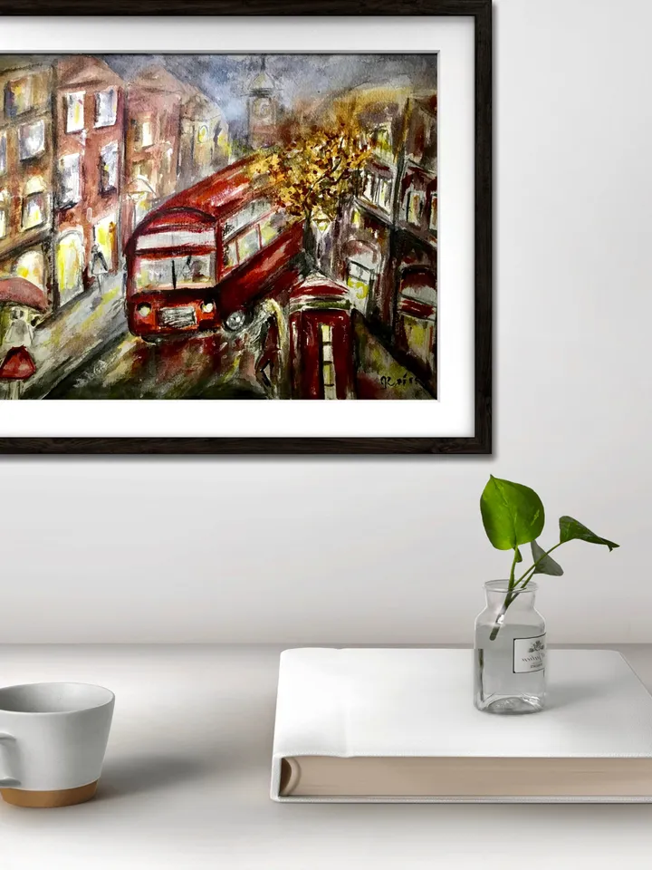 London painting,original watercolor painting,cityscapes painting,London streets painting,London bus,Big Ben art,wall hanging world capitals