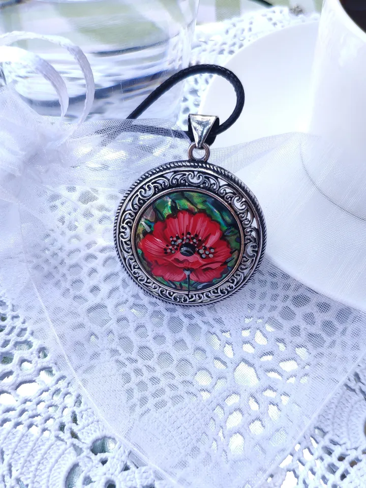 Pearl pendant necklace: Exquisite Red Poppy on Heliotis Pearl Pendant featuring an intricate openwork frame • Elegant red floral necklace