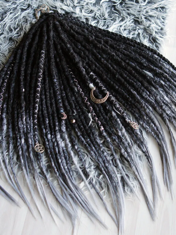 Synthetic Black Dreadlock Extensions With Gray Ends Double or Single Ended DE SE Fake Dreads Witch Hair 20 inches