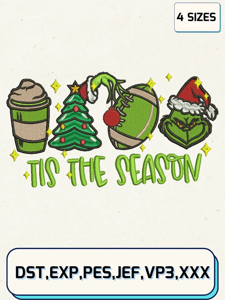 Tis The Season Grinch Football Christmas Embroidery Design,Christmas Embroidery Designs,Machine Embroidery Files,Grinch Embroidery Design,4 Sizes