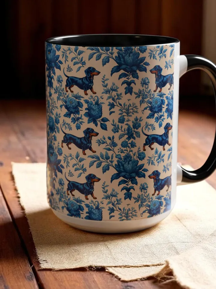 Dachshund French Toile de Jouy Ceramic Mug, Toile Coffee Cup for Doxie Mom, Sausage Dog Lover Gifts, Dog Tea Drinkware, Gift For Dog Lovers