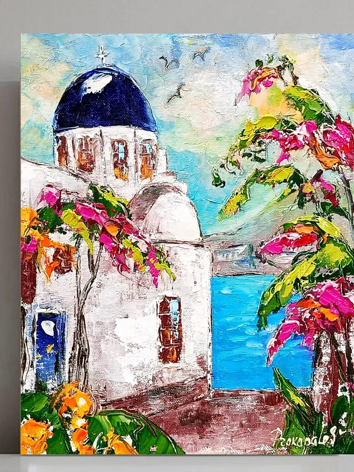 Santorini Painting Greece Original Art 12x10 Impasto Oil Painting Oia Greece Bougainville Wall Art Flower Artwork by ArtProkopaloSv