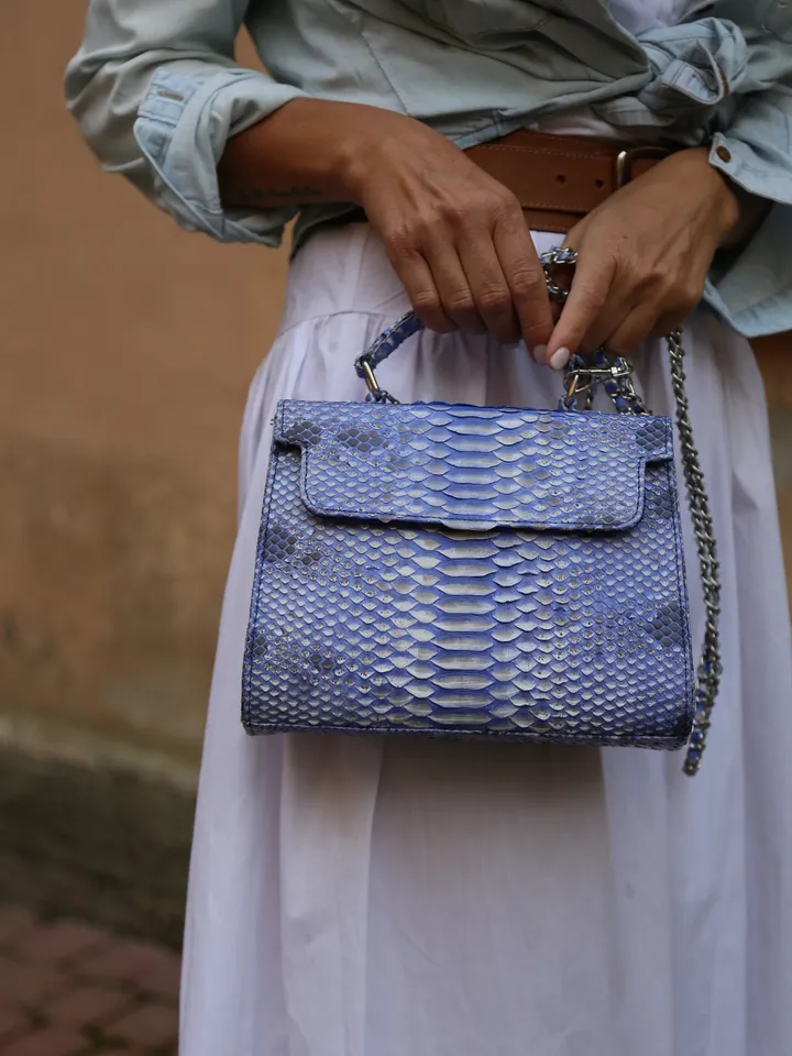 Genuine python skin light blue women elegant crossbody handle bag | Genuine snake leather purse | Classy woman handmade bag | handle bag