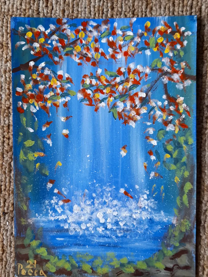 The oil painting "Flowers and Waterfall"