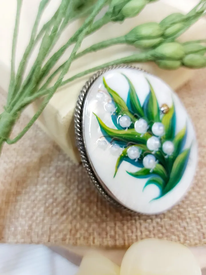 Brooches for women: Lily of the valley and Ladybug on Handmade jewelry brooch, hand painted shell brooch with May flower and lady beetle