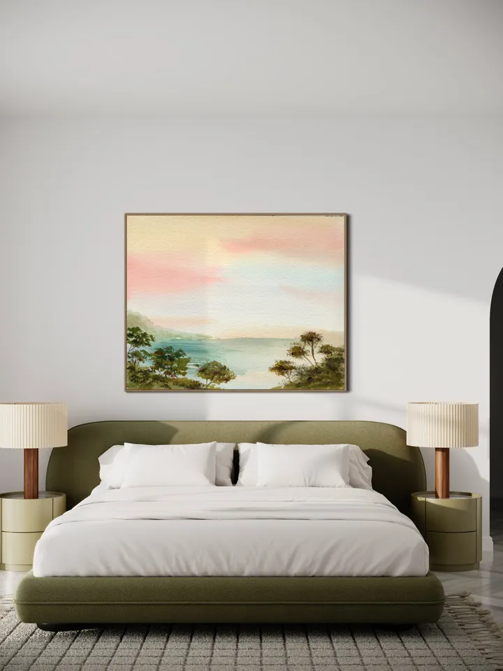 Colorful Landscape Watercolor Painting Art Print, Pink Sunset Art, Pastel Color Art, Boho Office Decor, Pink Landscape, Preppy Girl Decor