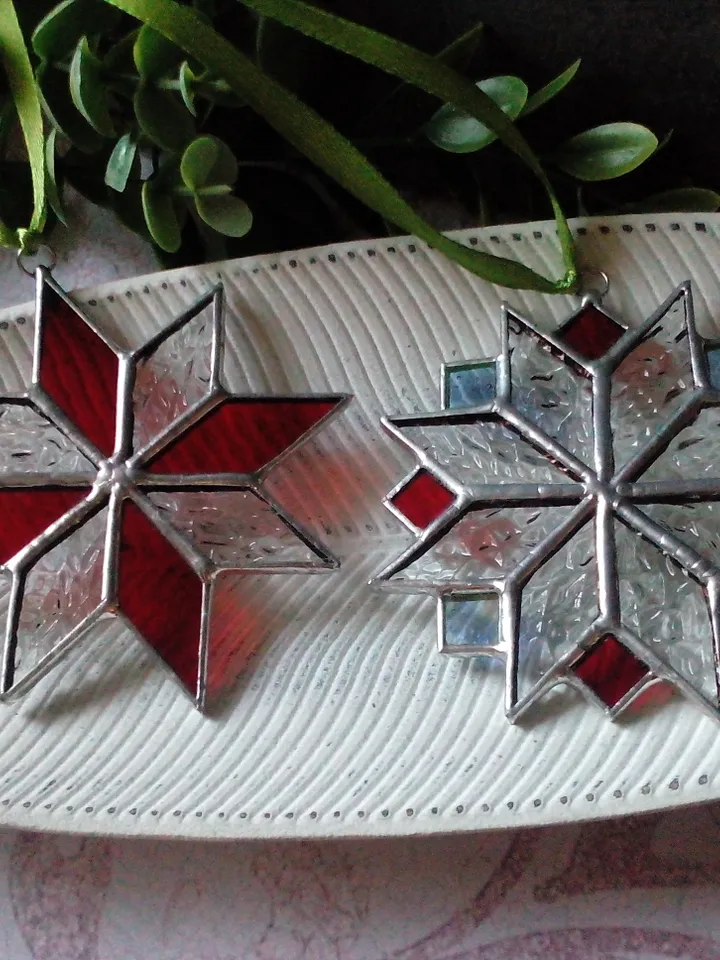 Set of 2 snowflake suncatchers, christmas ornaments, simple stained glass, Christmas decorations, Xmas tree star