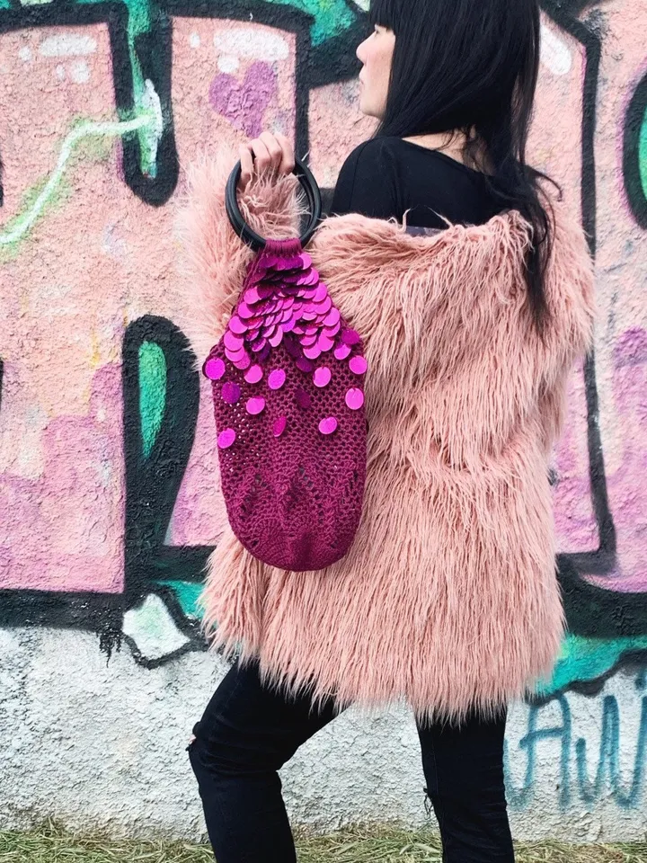 Purple farmer cotton bag with sequins, eco friendly bag, avoska net bag, market vegan bag, tote beach, macrame yoga tote, pound