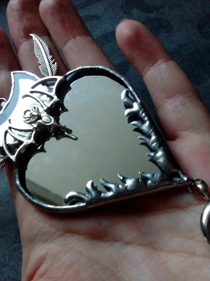 Stained glass scrying mirror, Black goth ornate mirror, Bat mirror, Car hanger, Witch mirror, Heart mirror