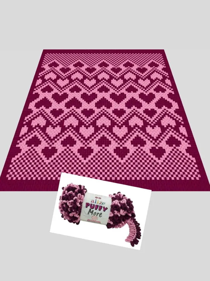 Hearts Zig Zag-Loop yarn Finger knitted blanket pattern