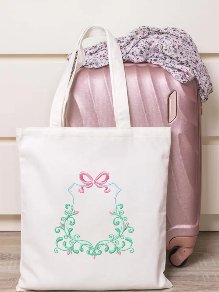 Frame floral crest embroidery design Machine embroidery pattern 4 size, Bow and scroll floral for baby monogram frame embroidery files #R42