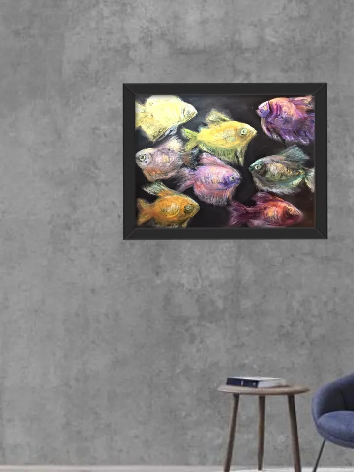 Fish aquarium painting, golden fish ,original watercolour and soft pastel painting,dark background.Home decoration.