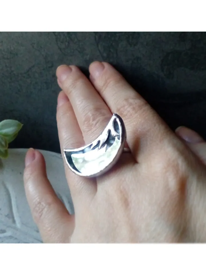 Mirror crescent ring, moon ring, stained glass ring, protection ring, Halloween ring, witchy aesthetic, soldered ring
