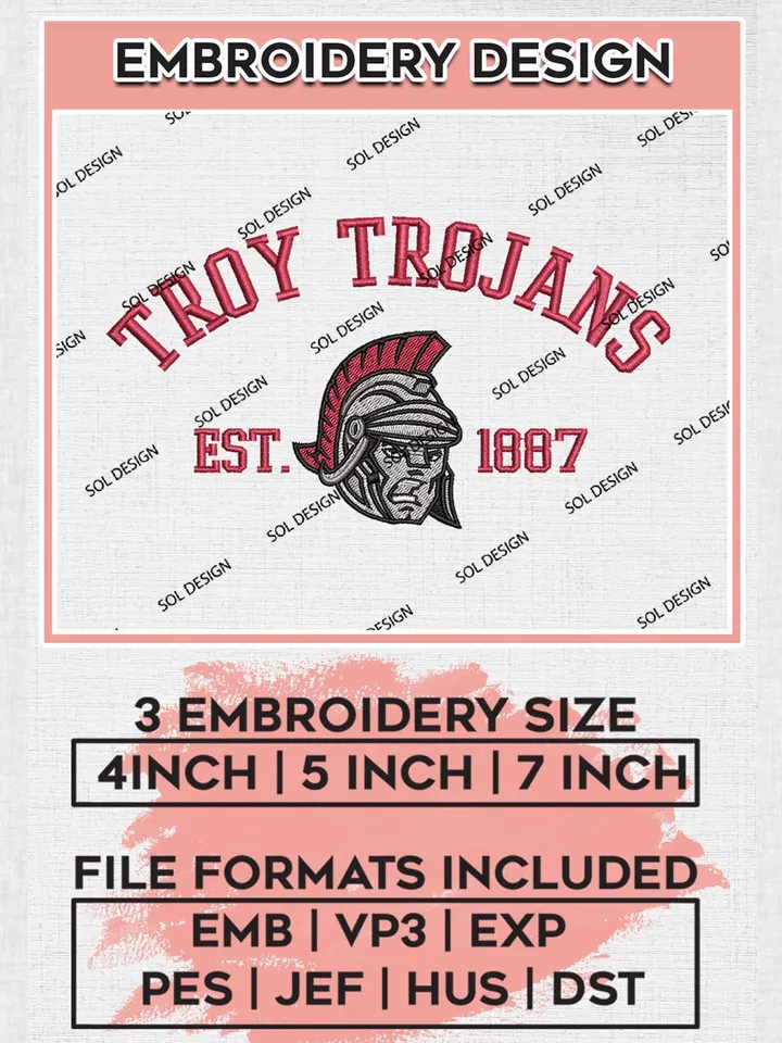 Troy Trojans Est 1887 Logo Embroidery Designs, NCAA Troy Trojans Team Embroidery, NCAA Team Logo, 3 sizes, Machine embroidery Files, Digital Download