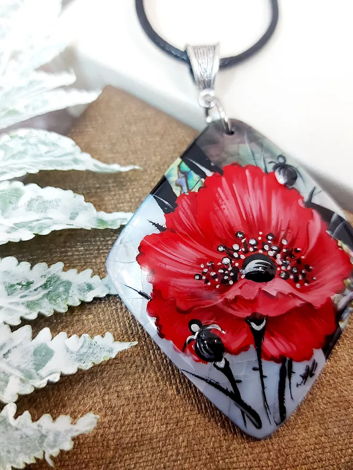 Pearl pendant necklace: Big red poppy flower on handmade necklace • Hand painted statement jewelry for dress • unique trendy floral necklace